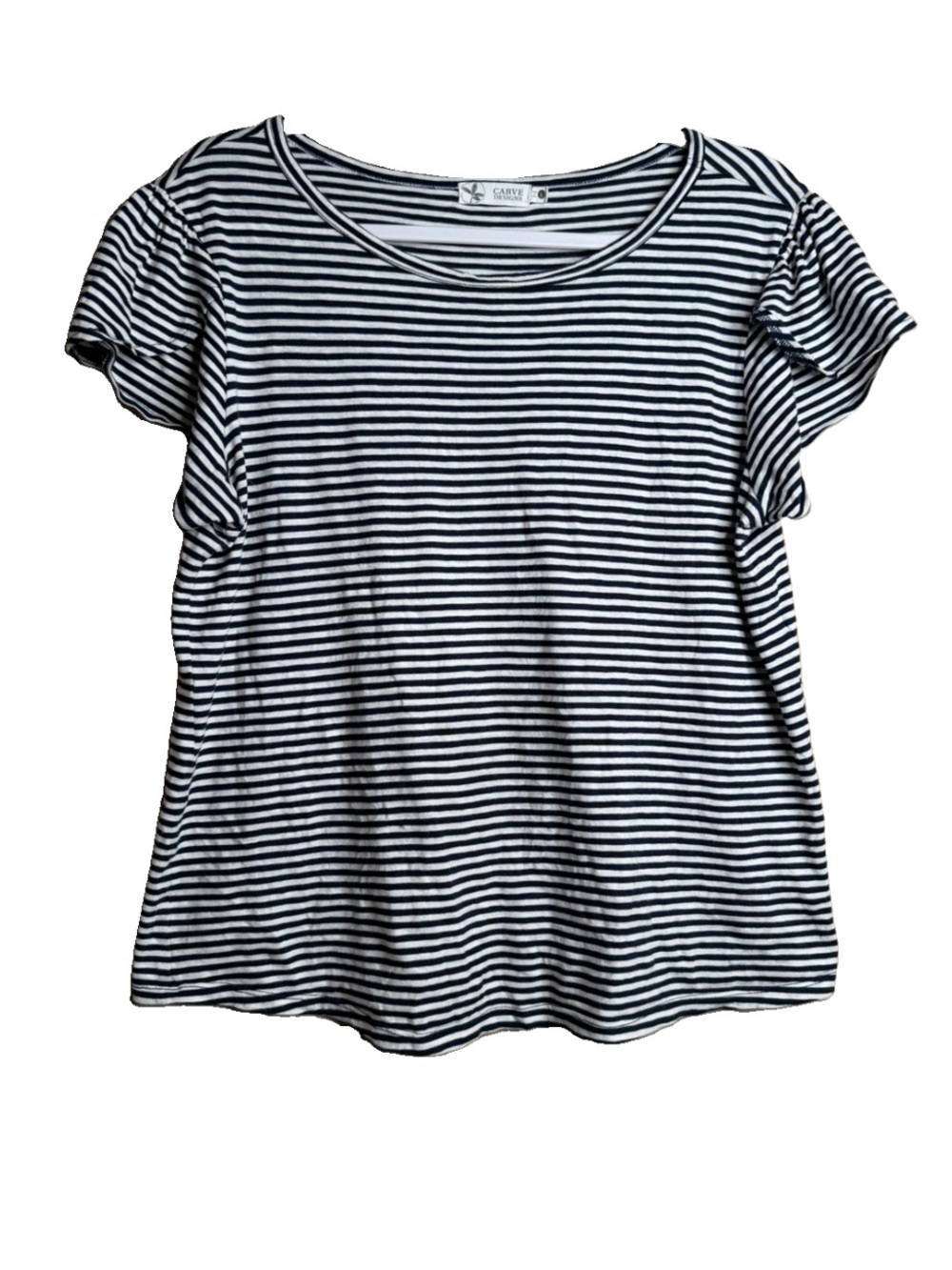 Carve Designs Navy Blue White Striped Top Ruffle Sleeves Organic Cotton L E29